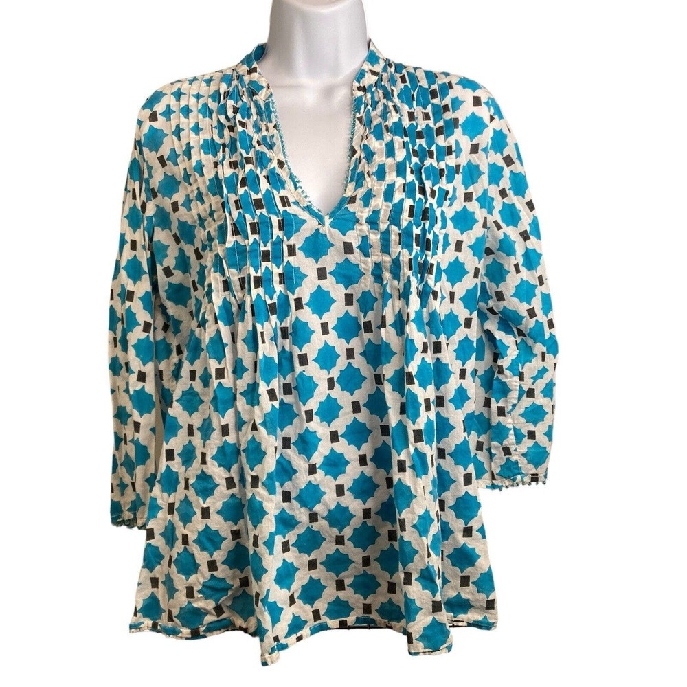 Roberta Roller Rabbit White Blue Patterned Tunic Sz M Indian Cotton Lightweight